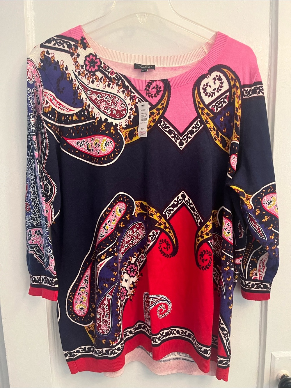 Talbots Pink Paisley Crewneck Sweater with Navy & Yellow Accents